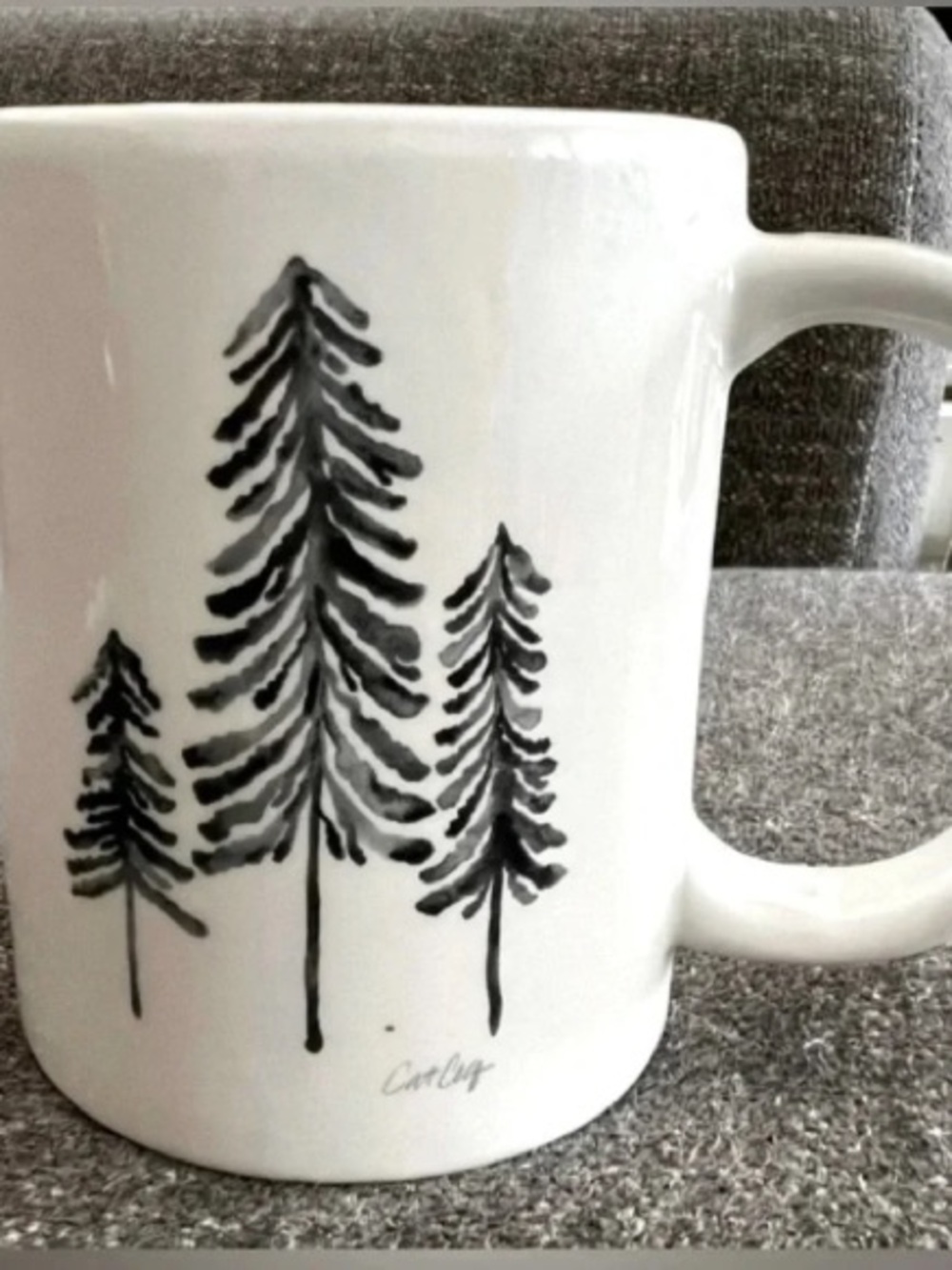 White Ceramic Mug with Black Pine Tree Artwork